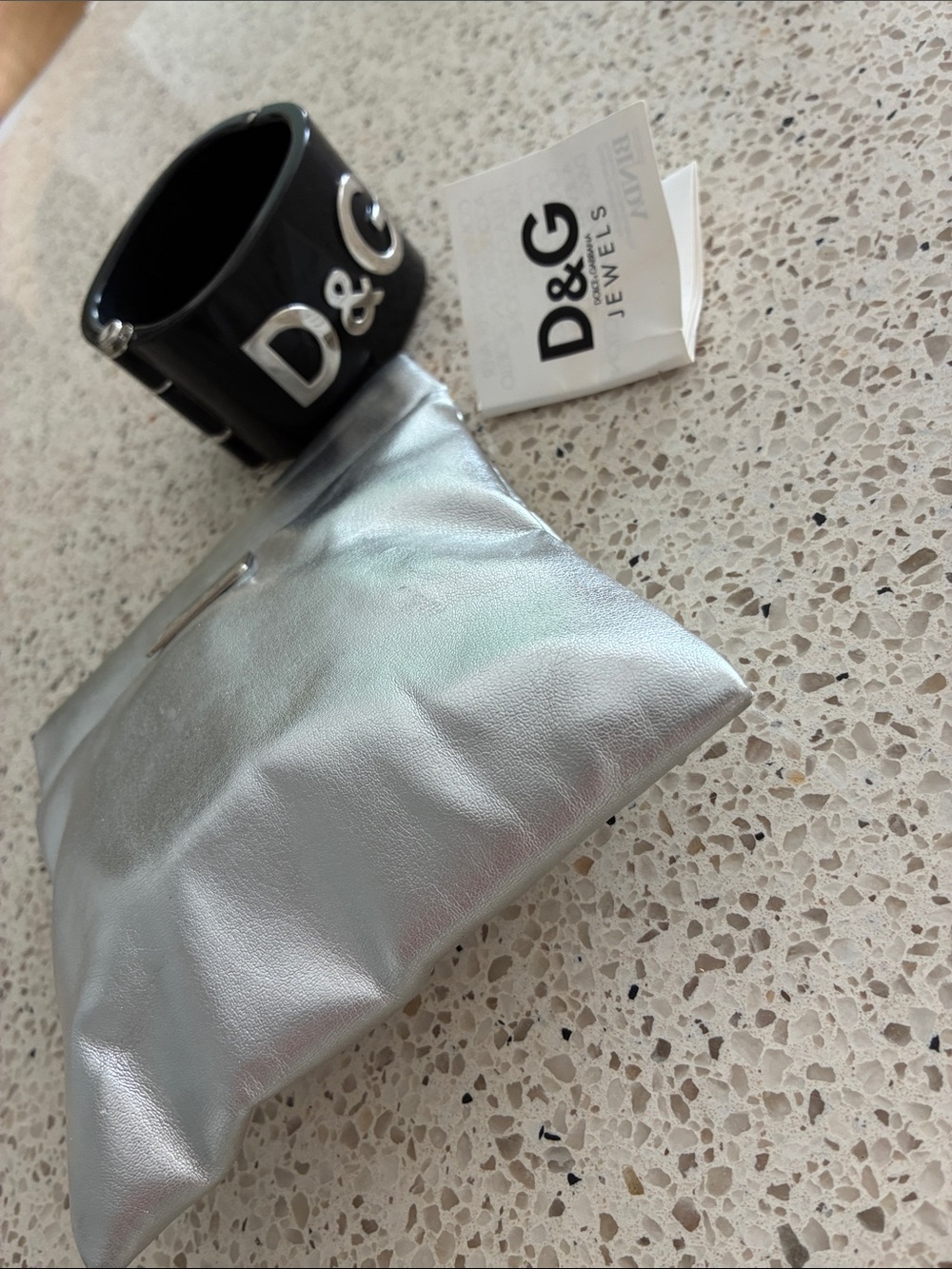 D&G Black Resin Logo Cuff with Silver Metallic Pouch